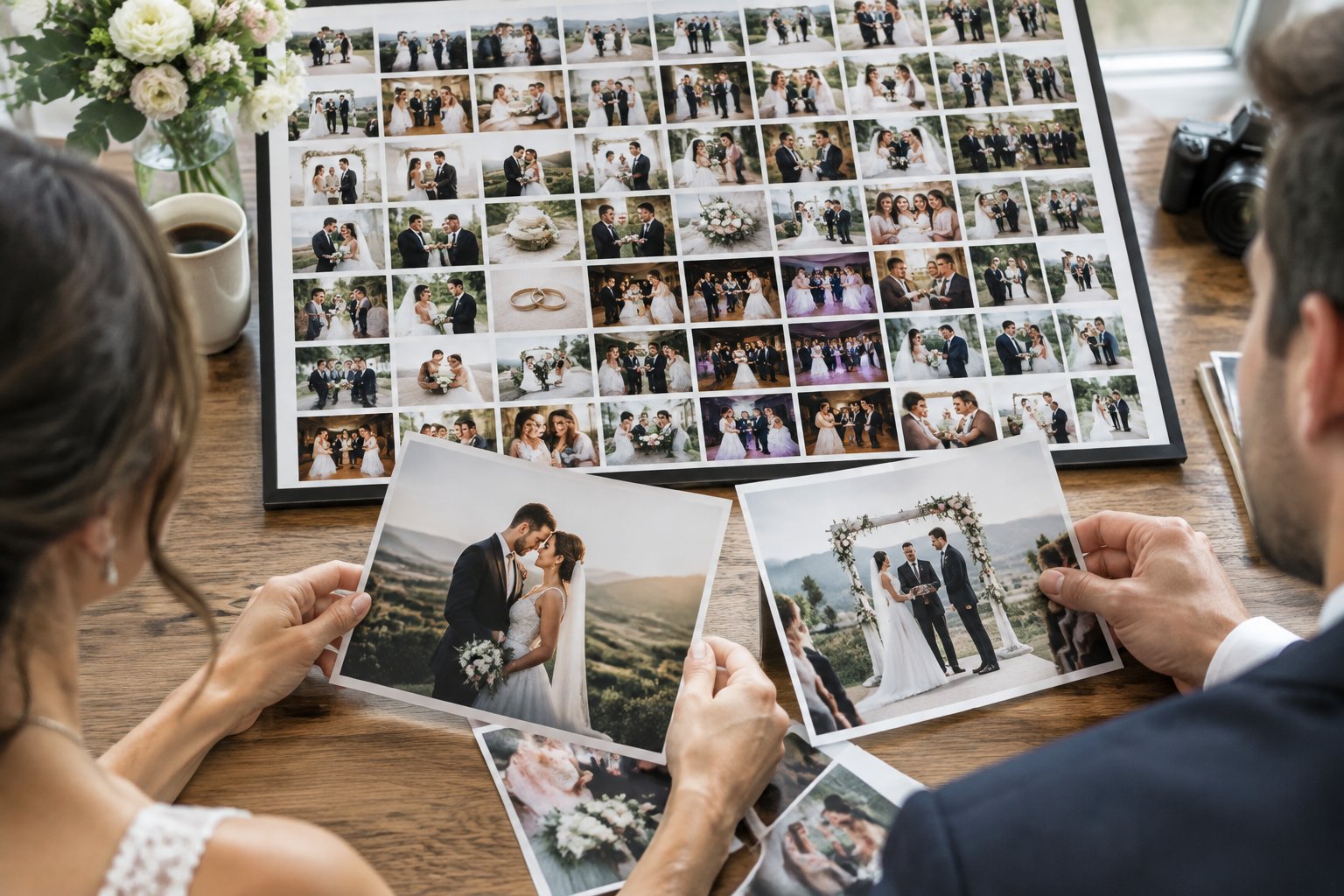 A newlywed couple reviews wedding photos arranged across a table.