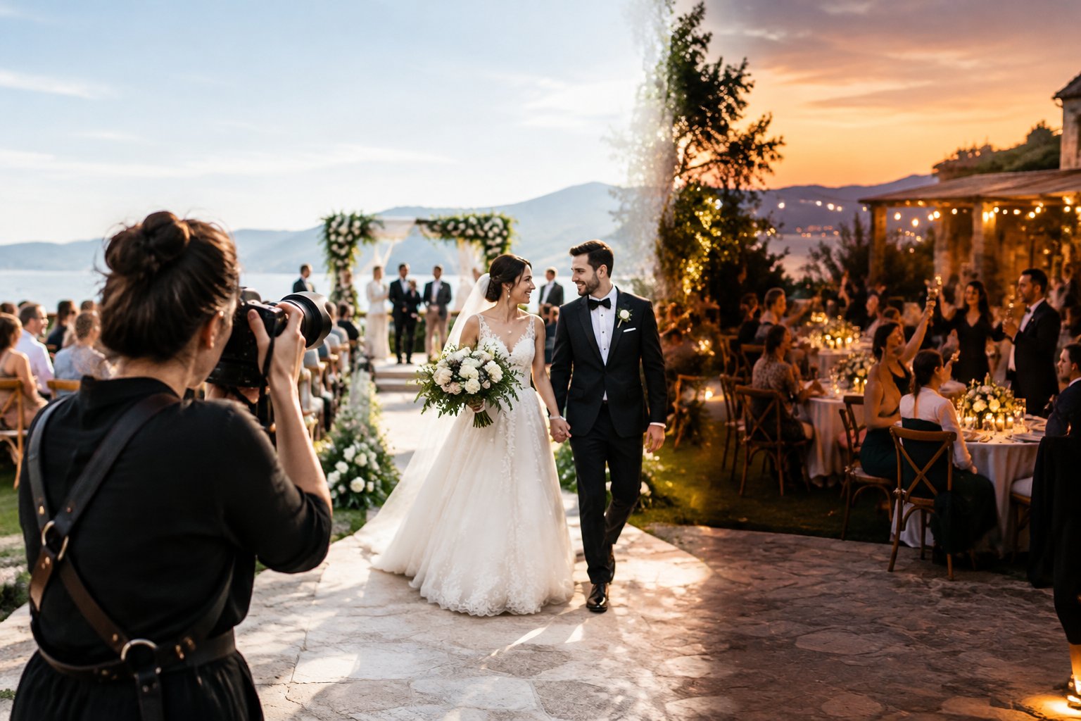 A wedding photographer captures a couple at an outdoor ceremony as the day transitions into an evening reception.