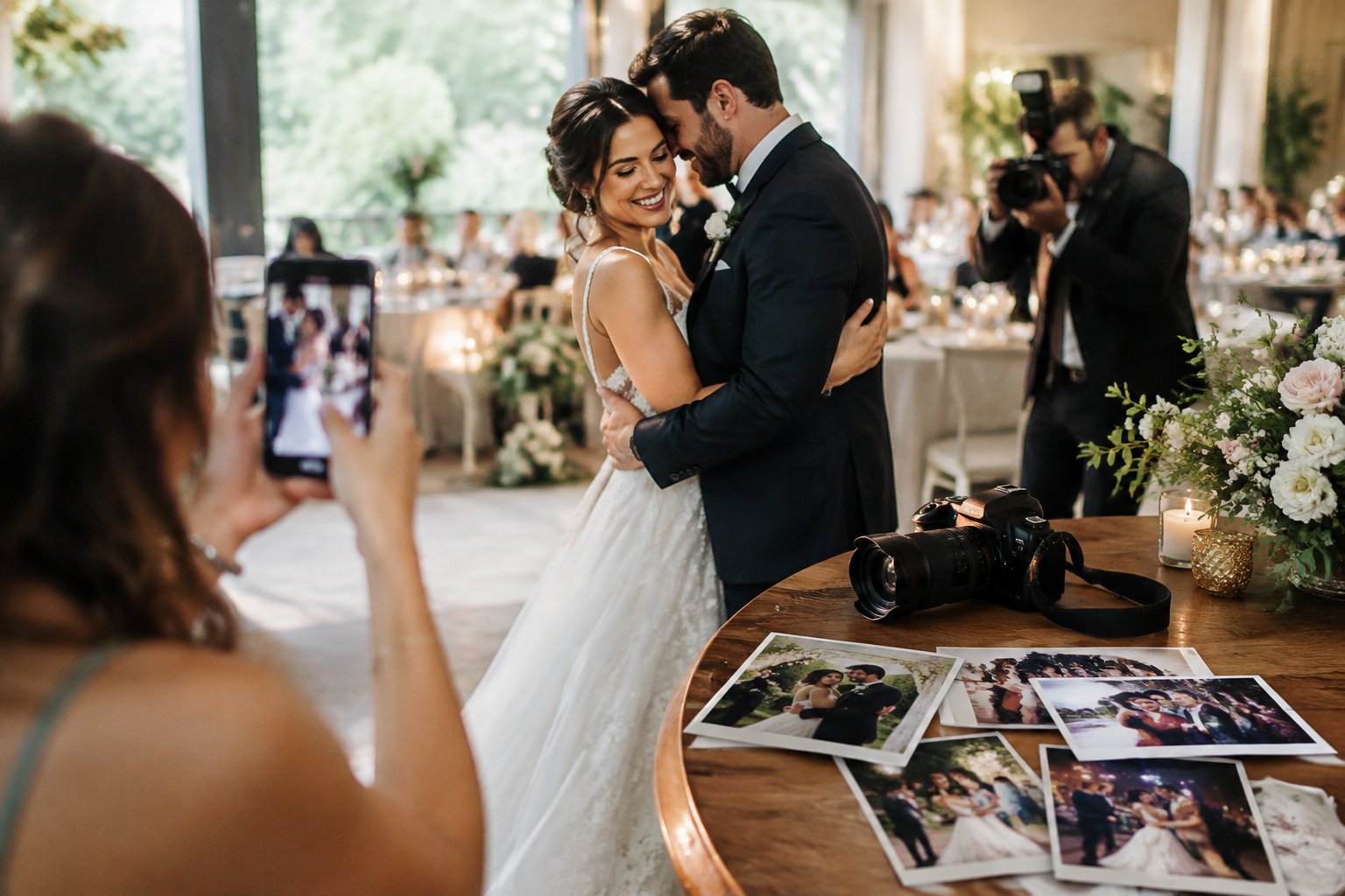 A newlywed couple embraces at their reception as guests and photographers capture the moment.