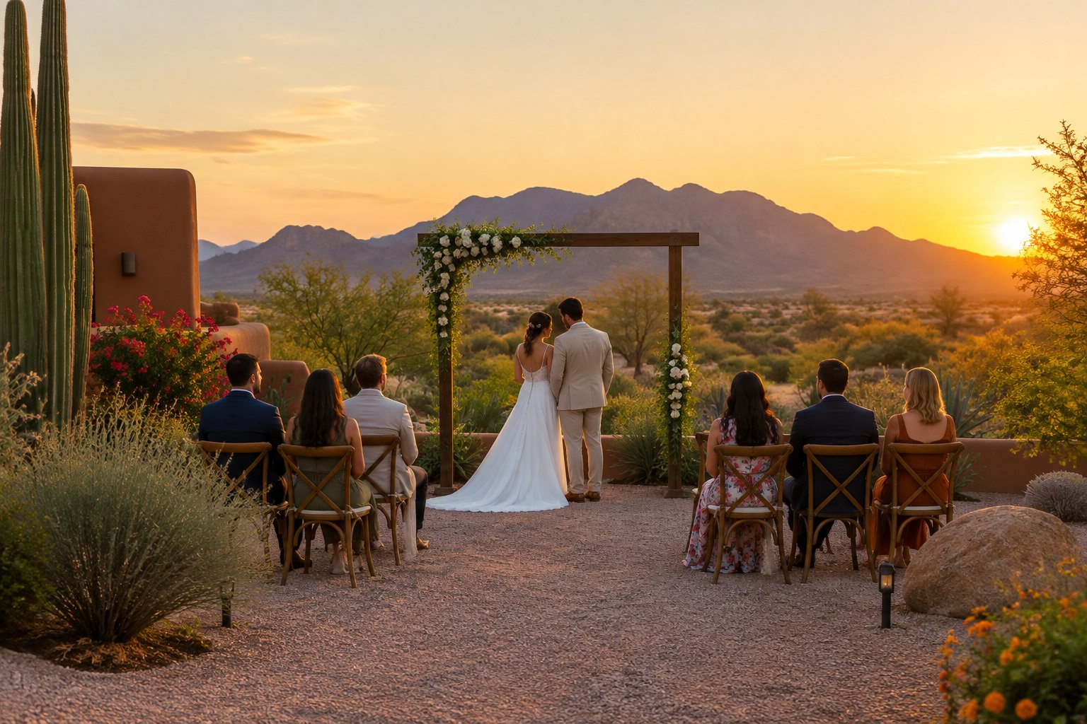 A couple stands beneath a flower-adorned arch at a small outdoor wedding in a desert garden.