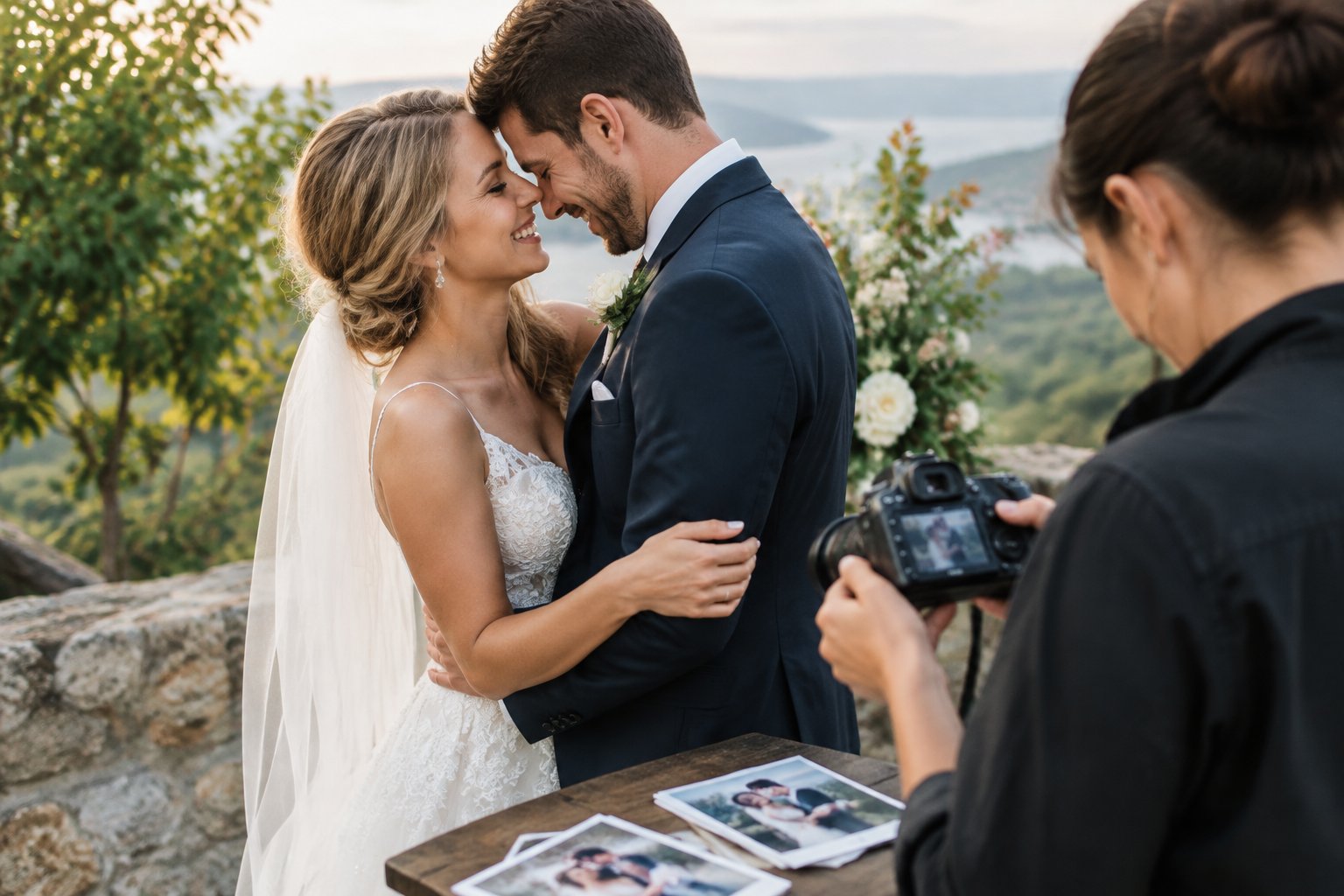 A newlywed couple embraces outdoors as their photographer reviews images on a camera.