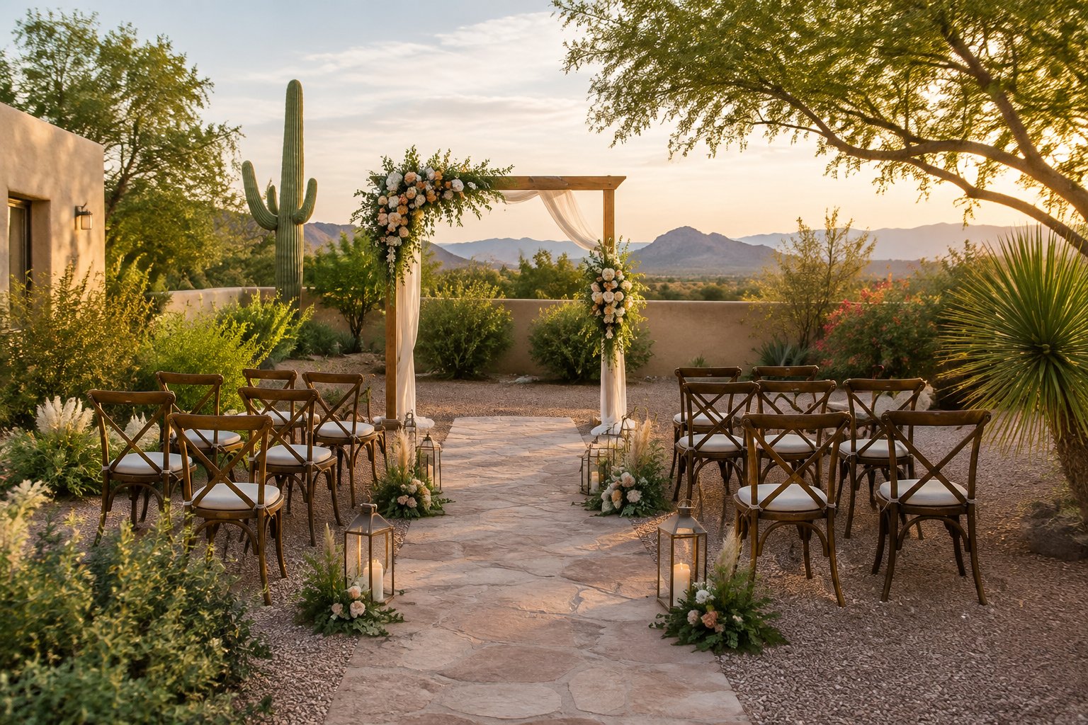 A small wedding ceremony set up in a desert garden courtyard.