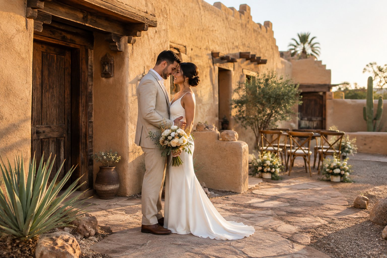 A couple shares a quiet moment in the courtyard of a historic adobe wedding venue.