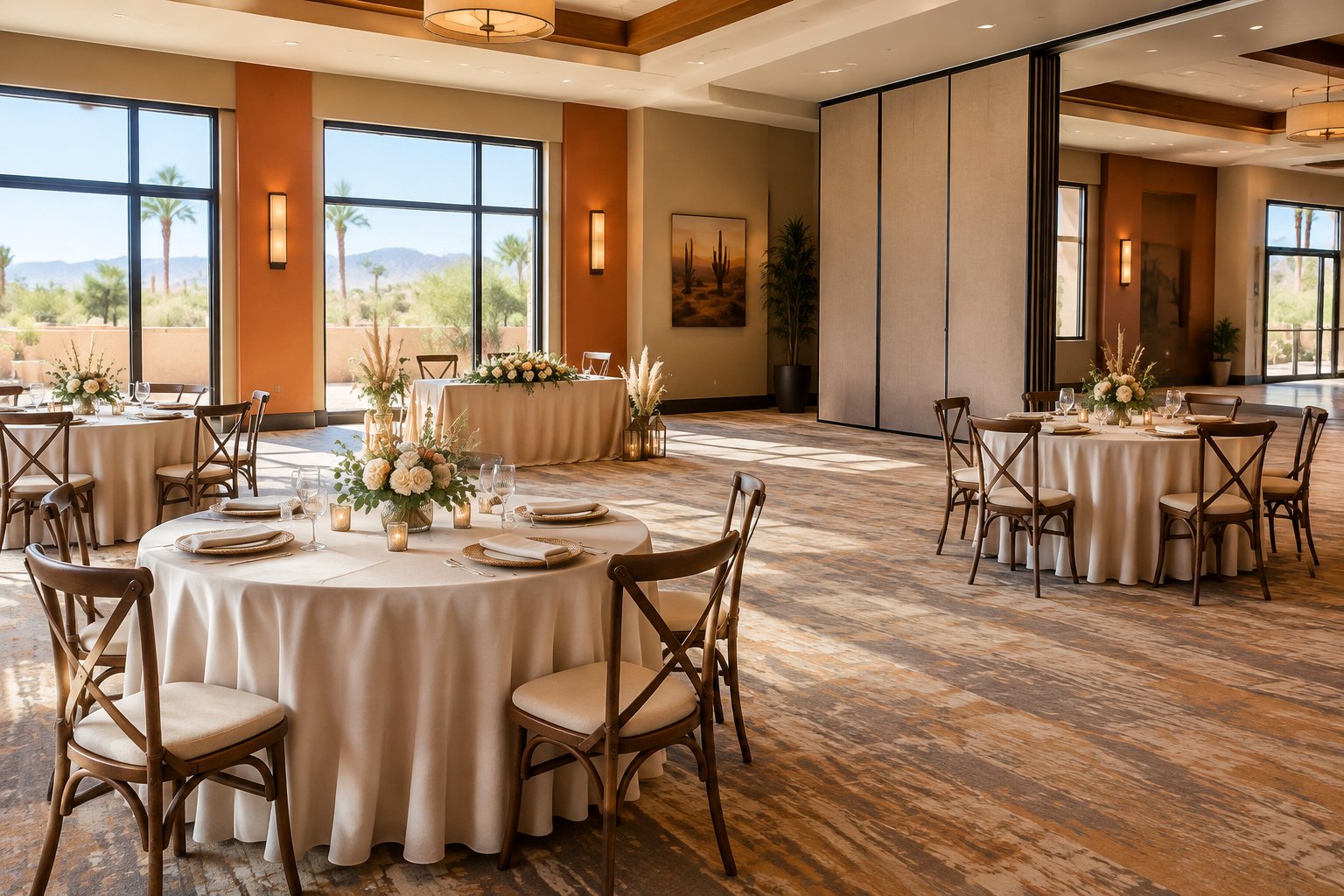 An intimate wedding reception setup in a bright indoor venue with flexible open space.