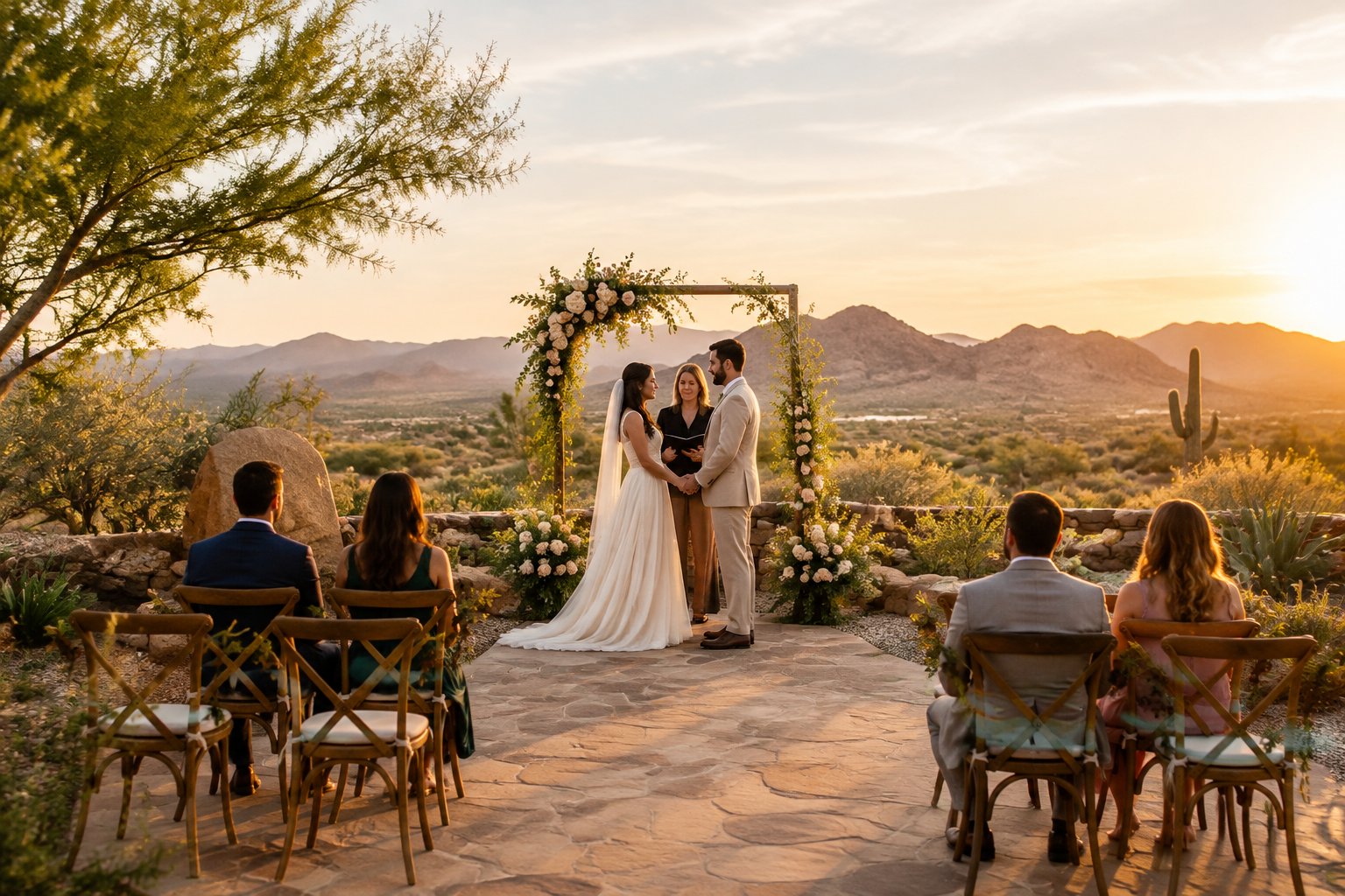 A couple stands beneath a floral arch at a small outdoor wedding ceremony in a desert garden.