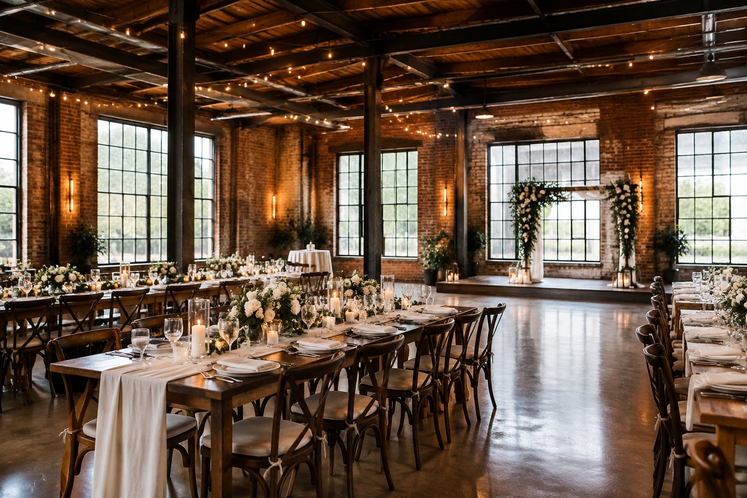 A wedding reception set up inside a brick industrial venue.