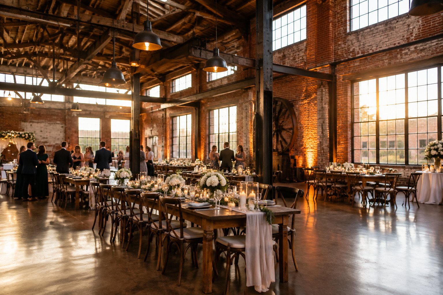A wedding reception in a brick warehouse with exposed beams, wooden tables, flowers, and guests.
