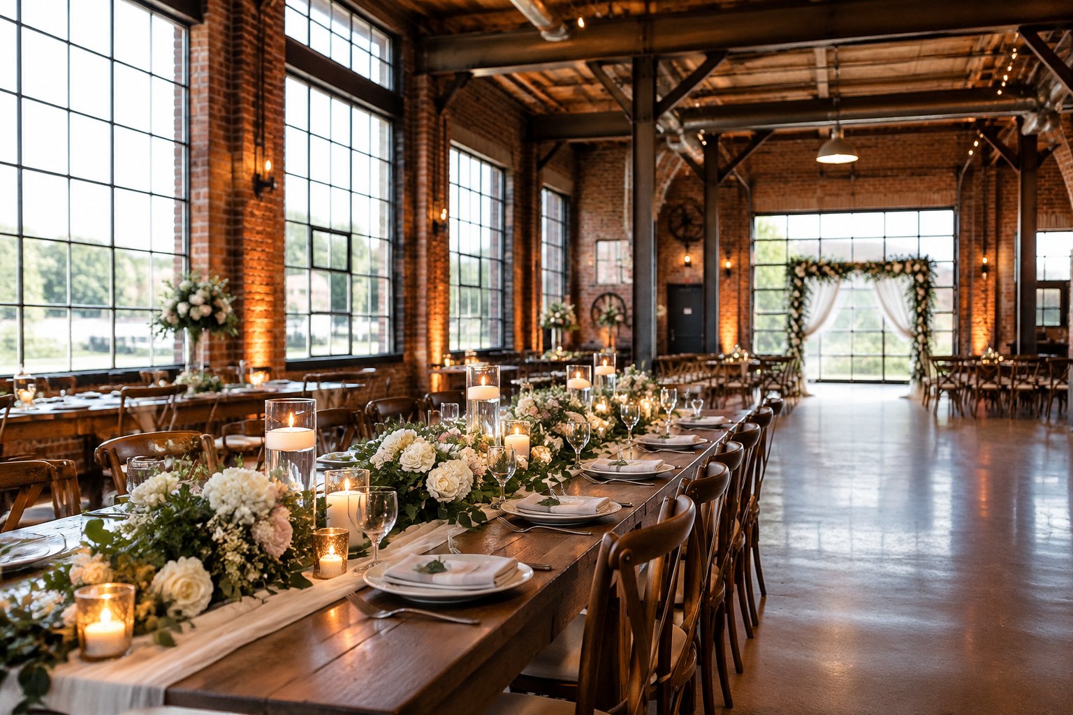 A wedding reception table inside a brick industrial venue with tall windows and exposed beams.