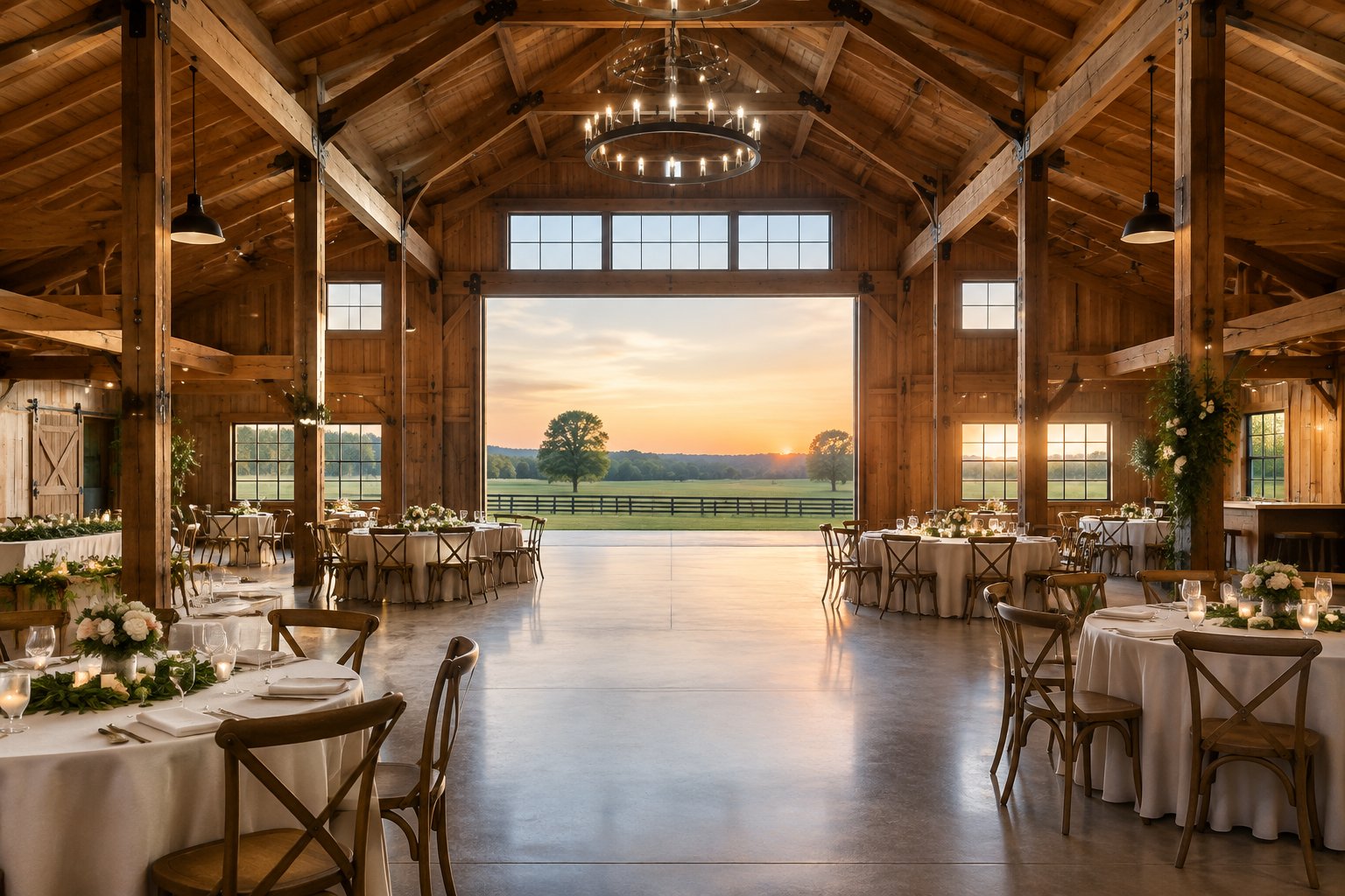 A wedding reception set inside a timber barn with open doors looking onto a farm.