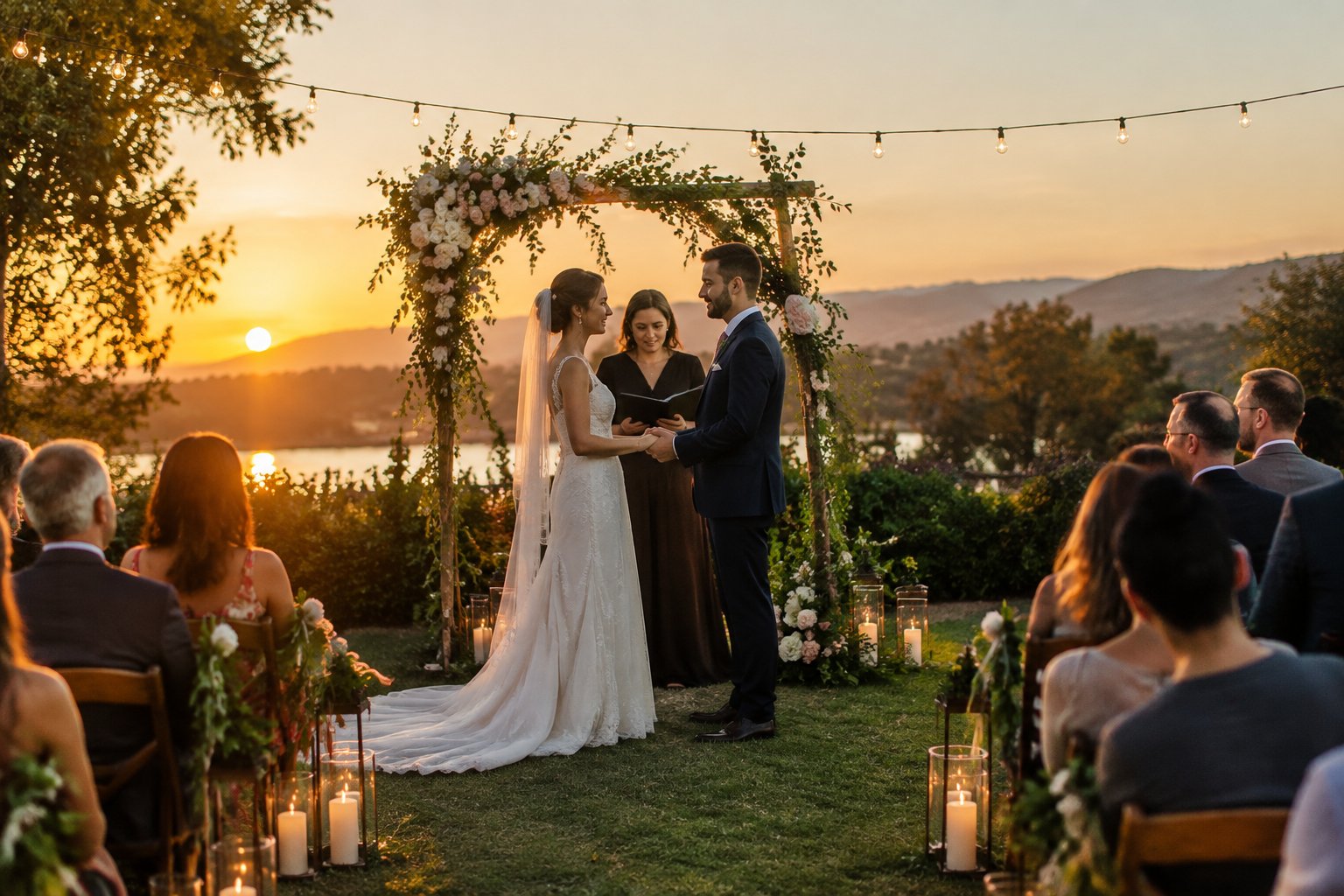 A couple exchanges vows beneath a floral arch as guests watch at an outdoor evening wedding.