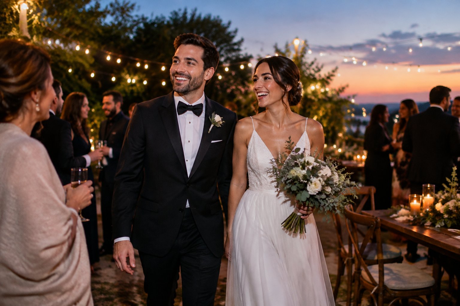 A newly married couple arrives at a warmly lit outdoor wedding reception at dusk.