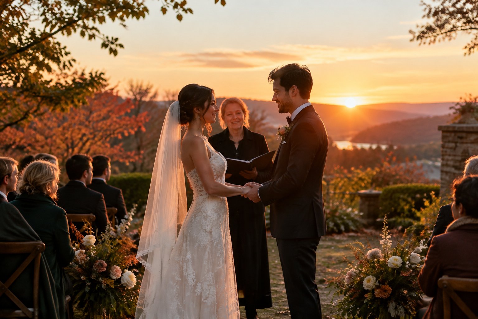 A couple exchanges vows outdoors as the sun sets, with wedding guests seated nearby.