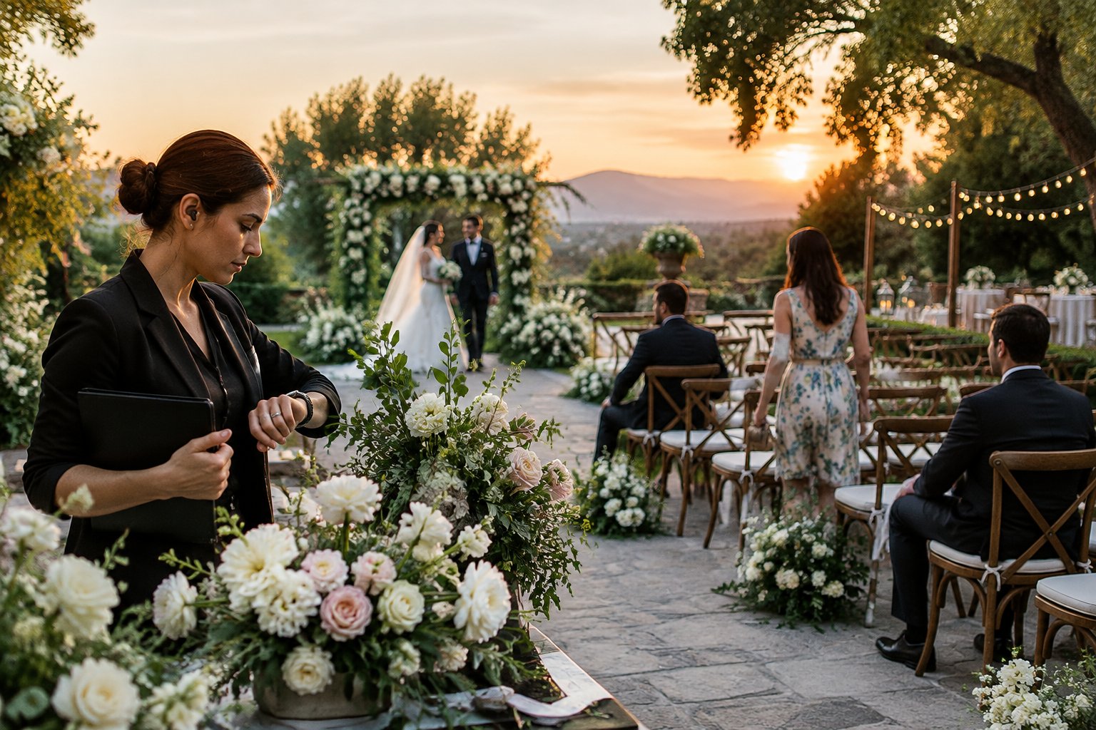 A wedding planner checks a watch as guests arrive for an outdoor wedding ceremony.