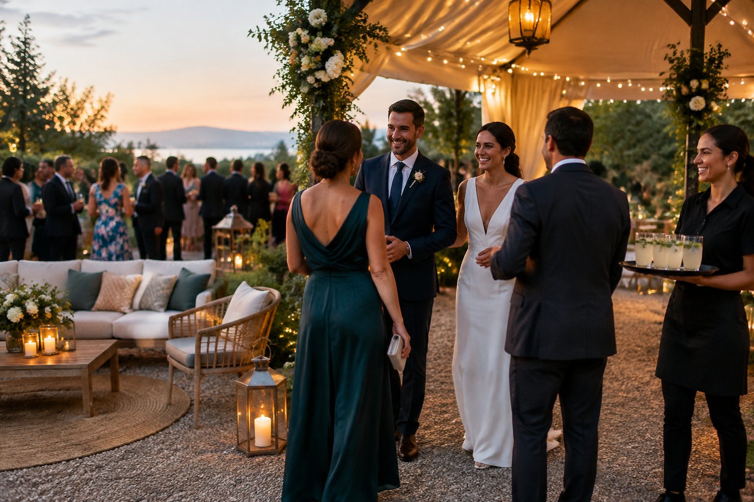 A couple welcomes guests to an outdoor wedding as evening lights glow.