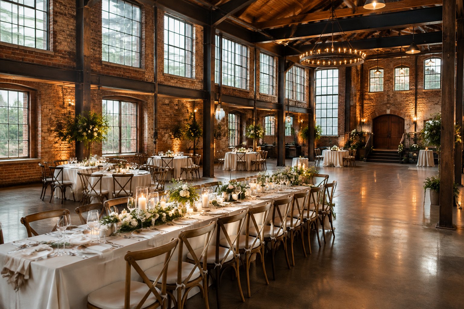 A decorated wedding reception table inside a spacious brick industrial venue.