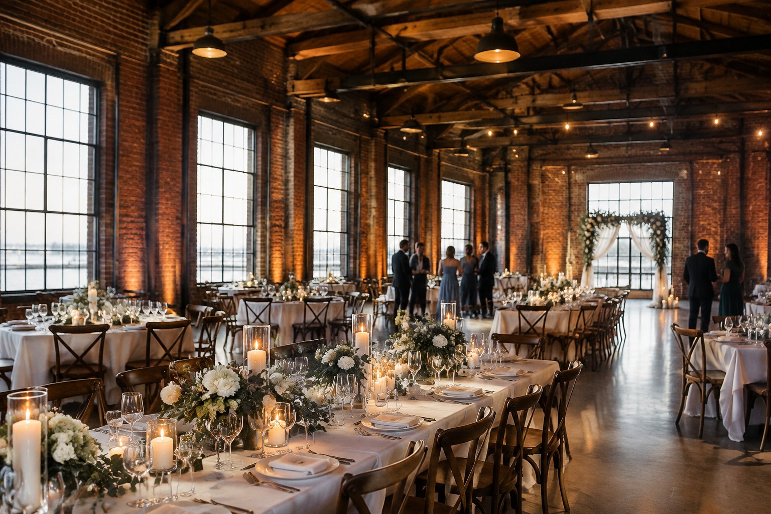 A wedding reception set among brick walls and timber beams in a spacious freight shed.