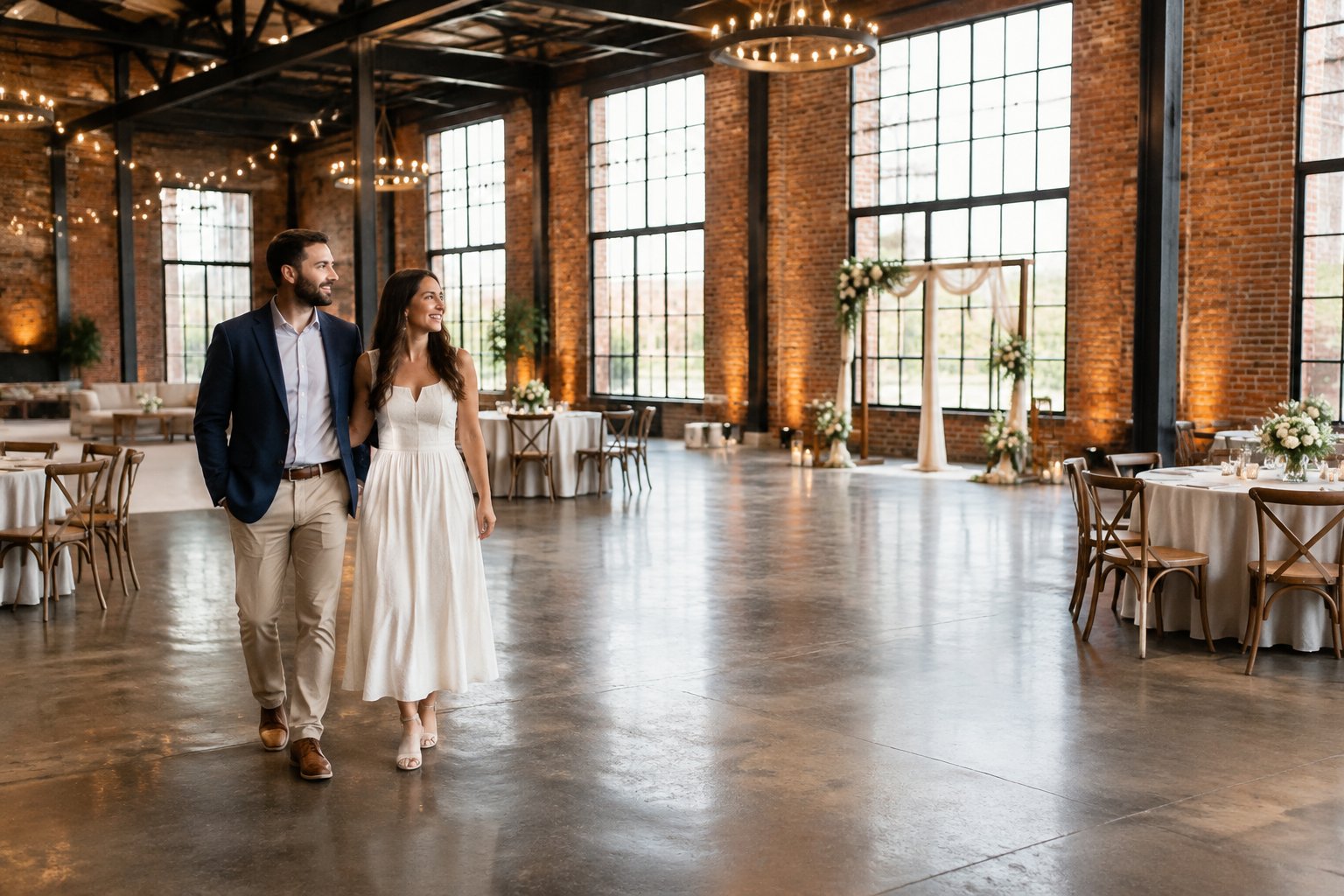 A couple explores a spacious industrial wedding venue with exposed brick and wedding tables.