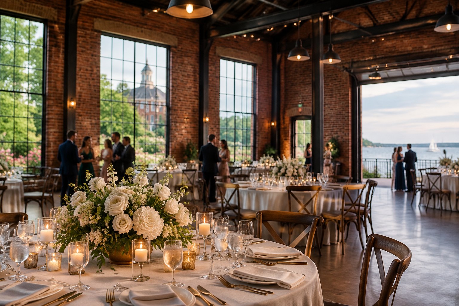 A wedding reception in a brick industrial venue with garden, historic, and waterfront views.