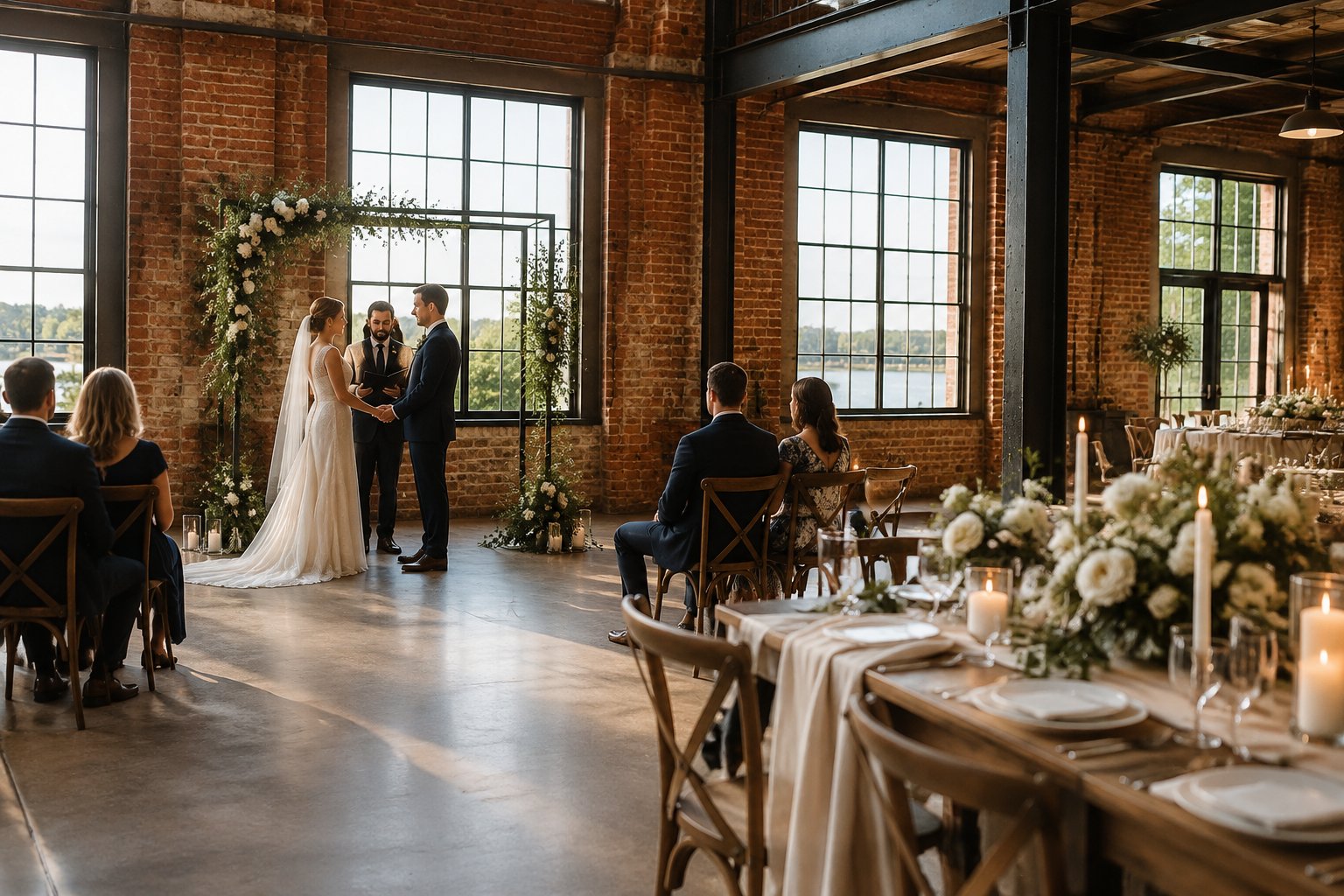 A couple stands beneath a greenery-covered arch as guests watch inside a brick-walled venue.