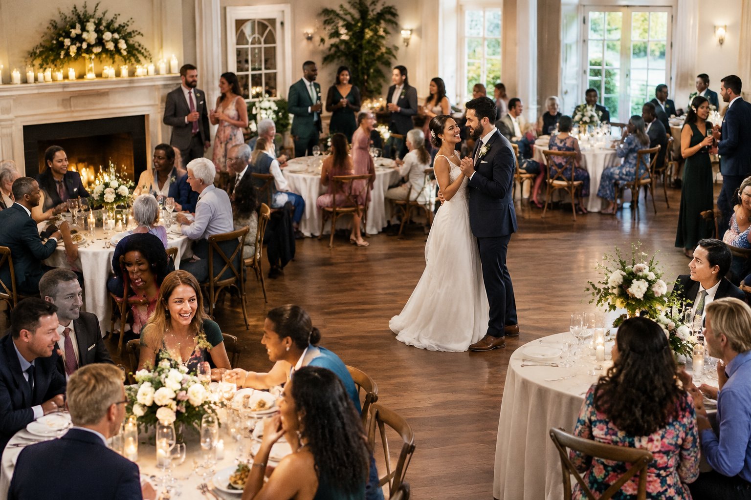 A newly married couple celebrates with guests at a wedding reception.