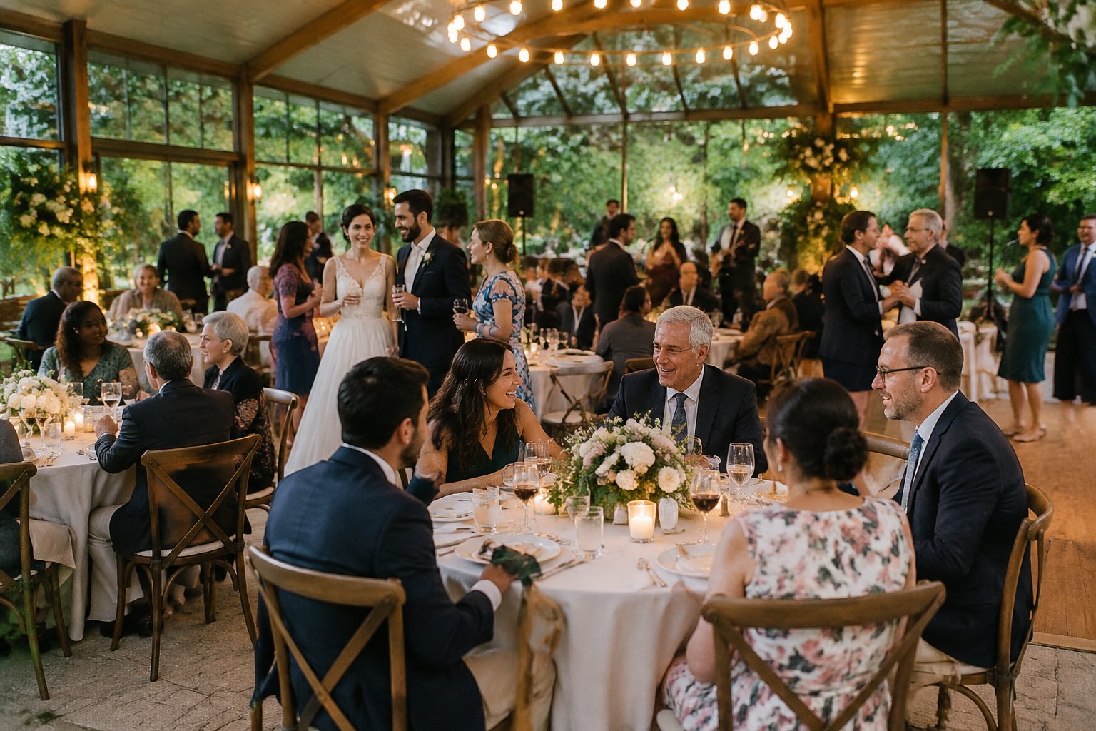 Guests mingle at tables during a wedding reception in a garden pavilion.