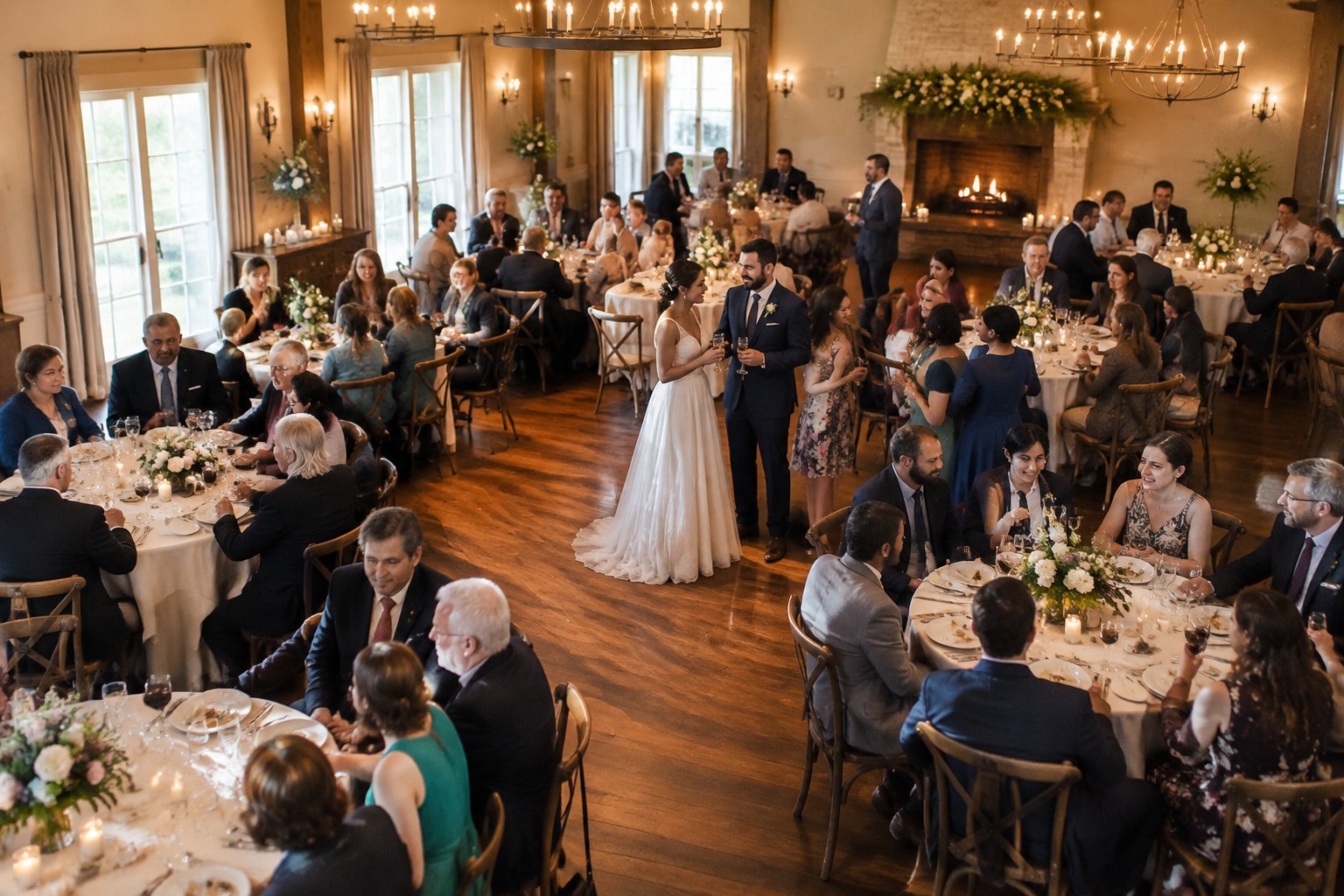 A couple mingles with guests at a wedding reception in a midsize venue.