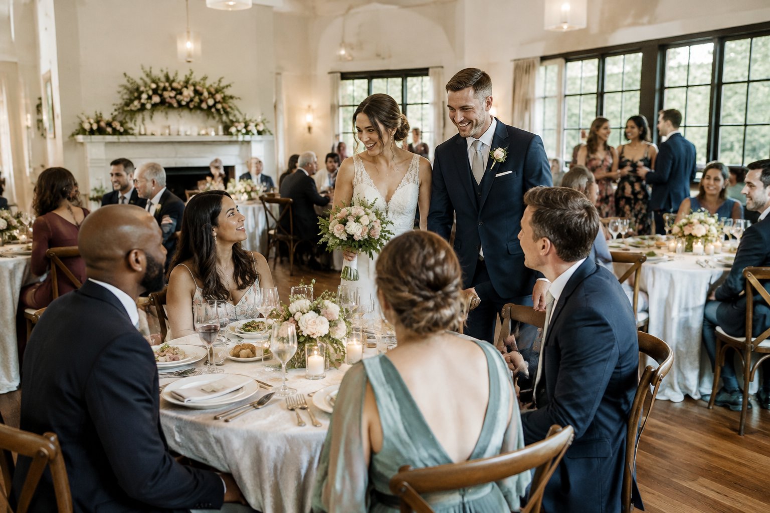 A bride and groom greet guests at a wedding reception with several tables of attendees.