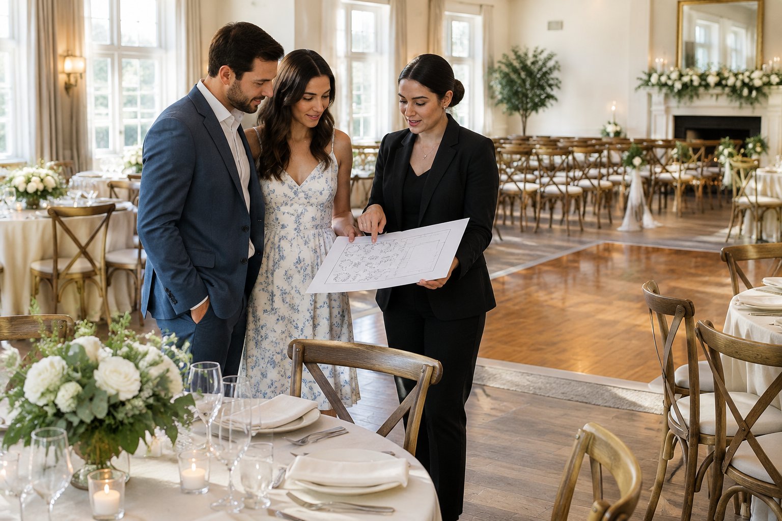 A couple and wedding planner review a seating layout in a comfortably sized wedding venue.