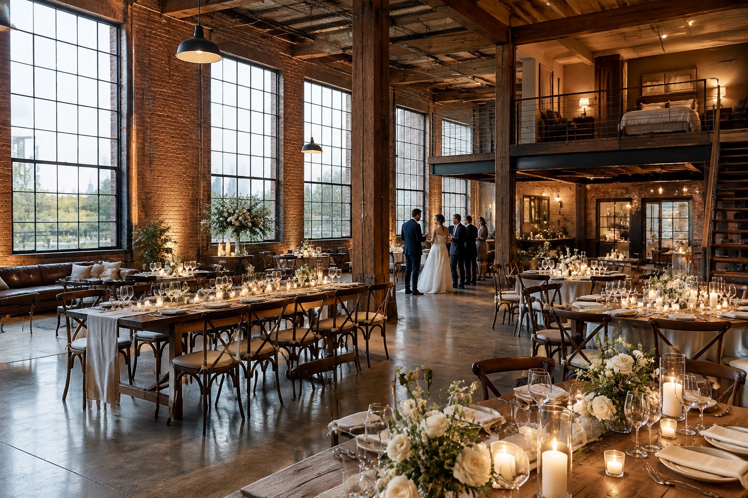 A warmly lit brick warehouse wedding venue with decorated tables and guest rooms above.