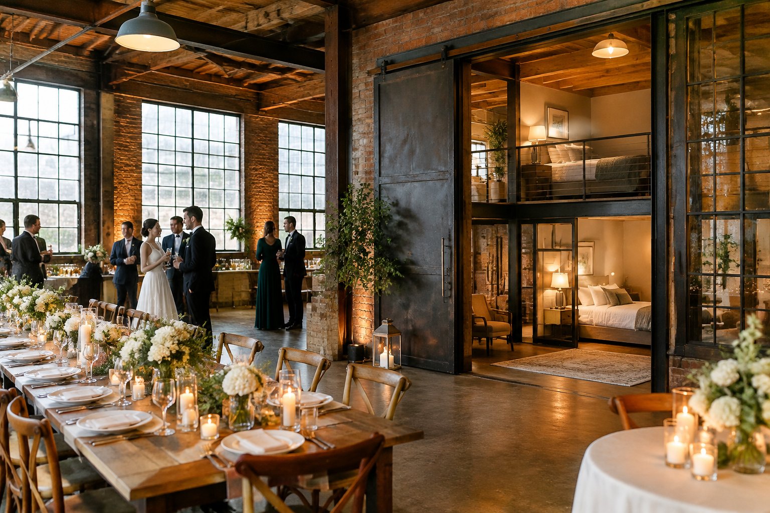 Guests mingle in a brick industrial wedding venue with guest rooms visible nearby.