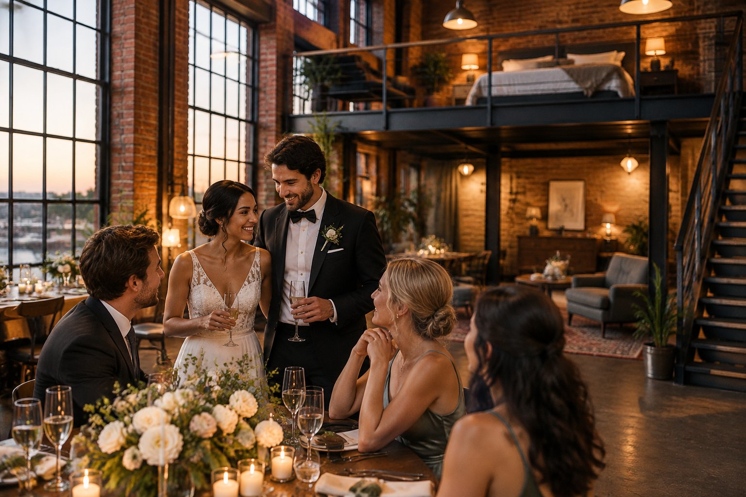 A newly married couple and guests relax in a converted warehouse wedding venue with loft-style accommodations.