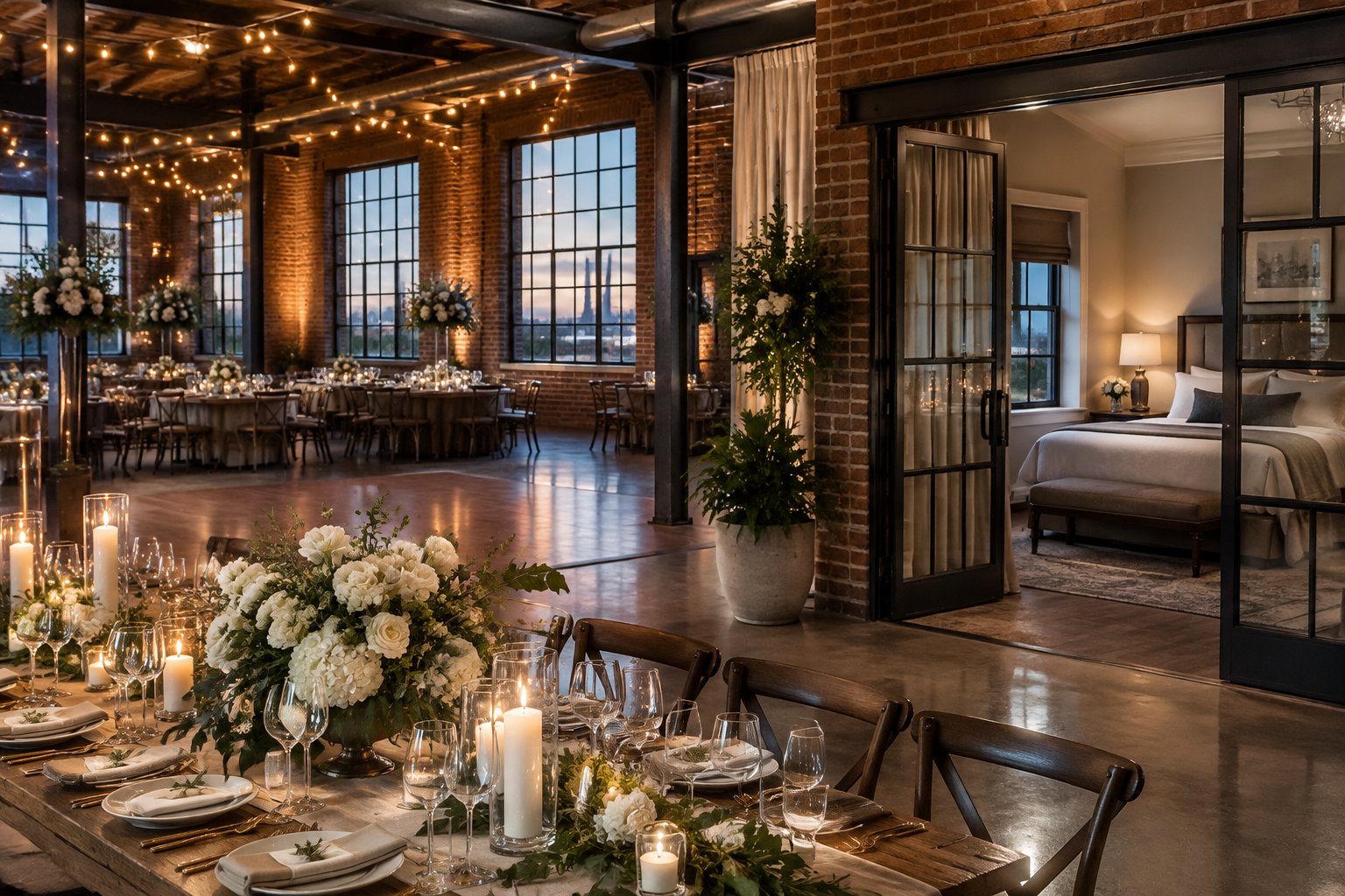 A wedding reception in a brick industrial venue beside a guest suite.