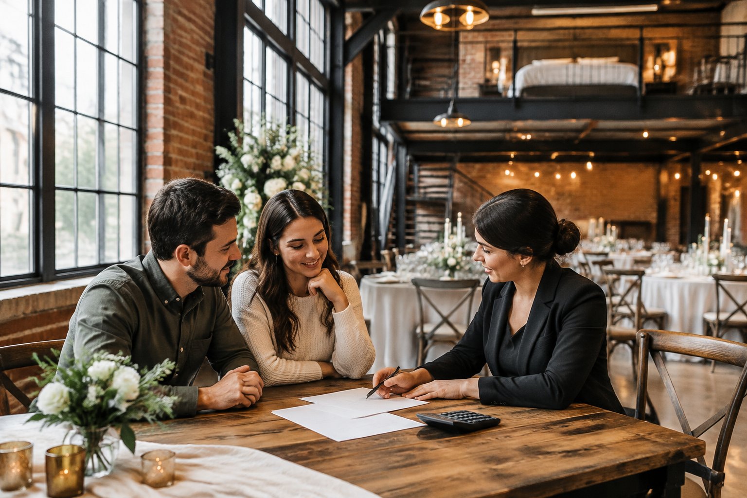 A couple and venue coordinator review papers at a table in an industrial wedding venue with a loft-style guest room.