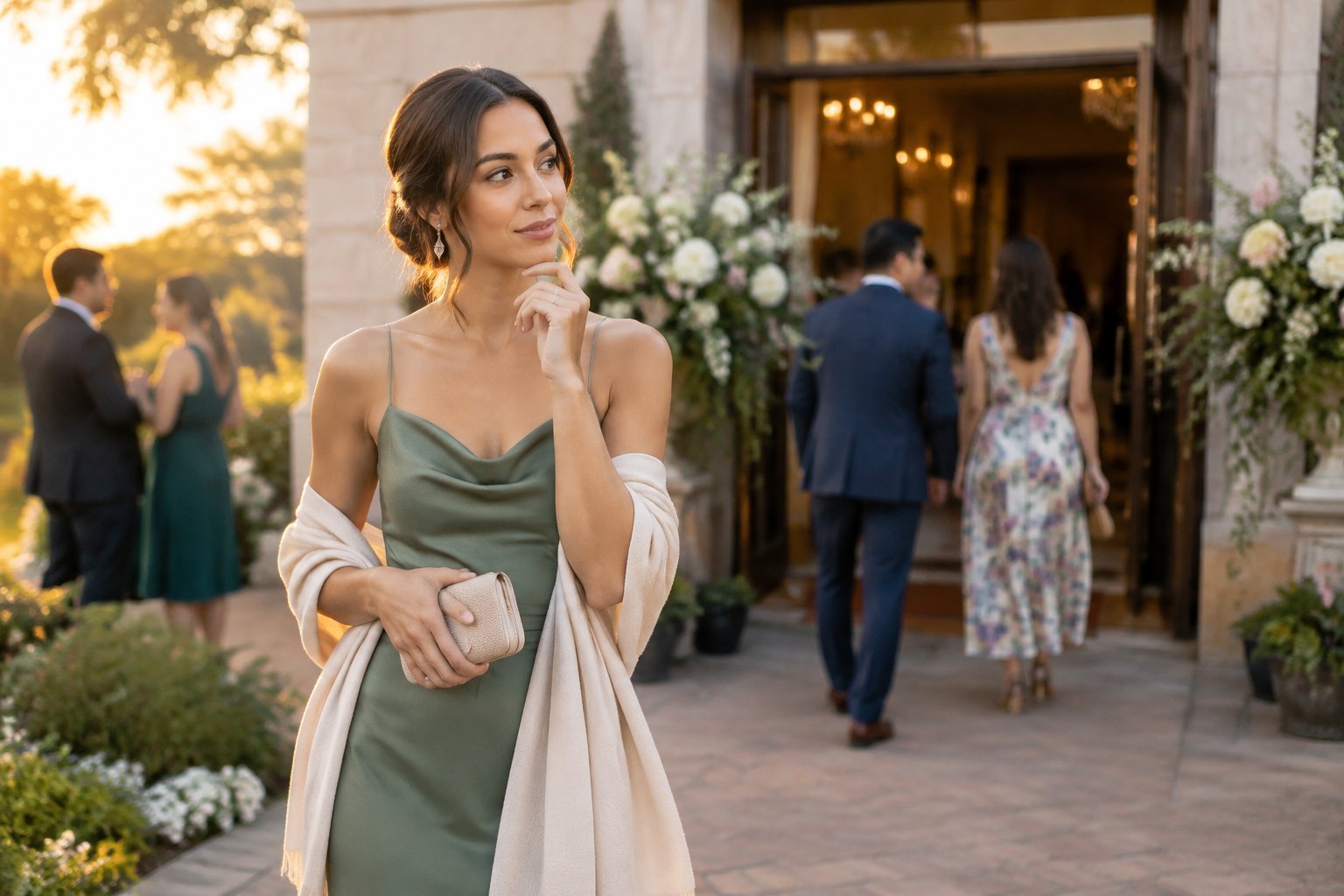 A wedding guest in formal attire stands outside an elegant venue as other guests arrive.