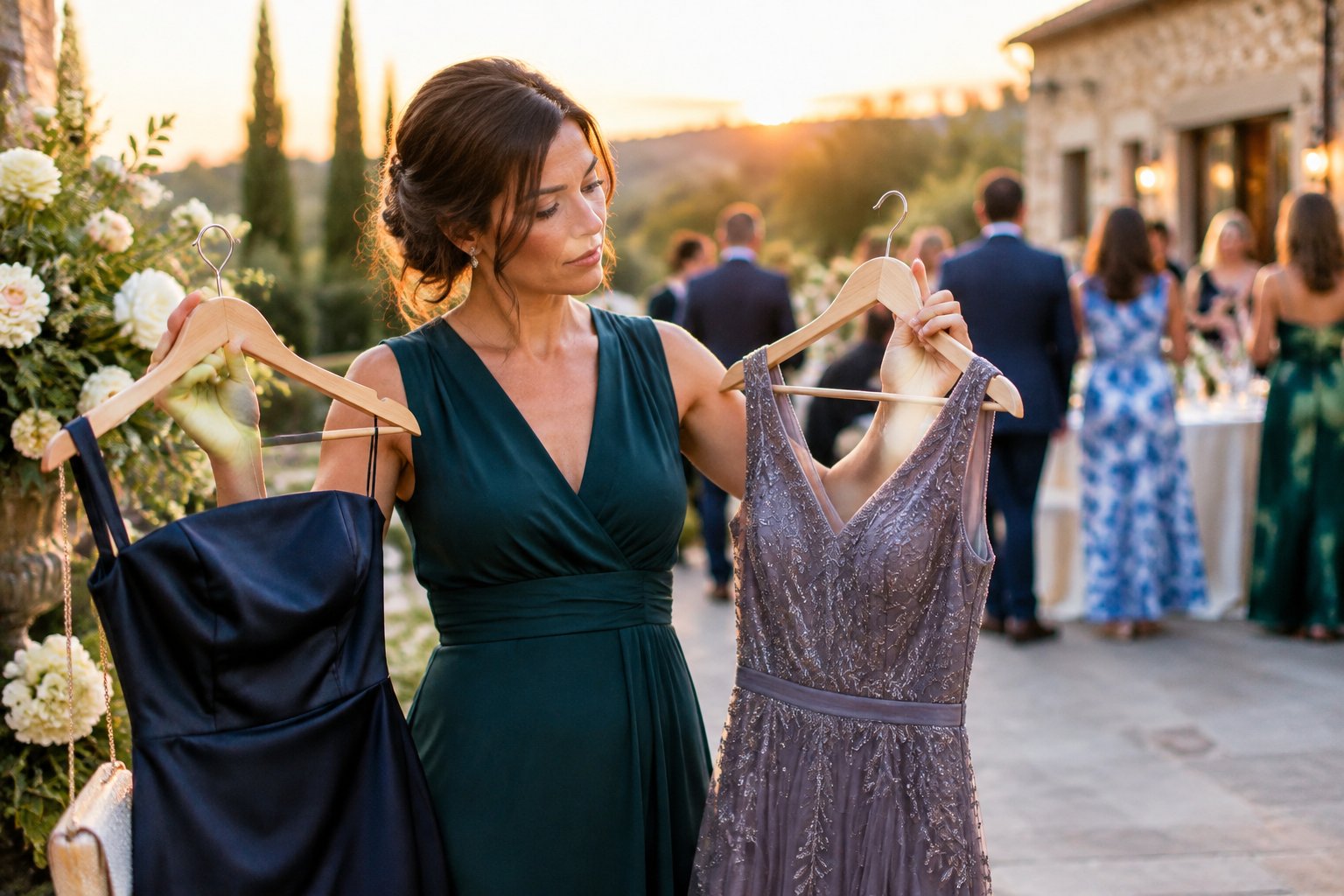 A wedding guest compares two outfits while preparing for a late-afternoon wedding.