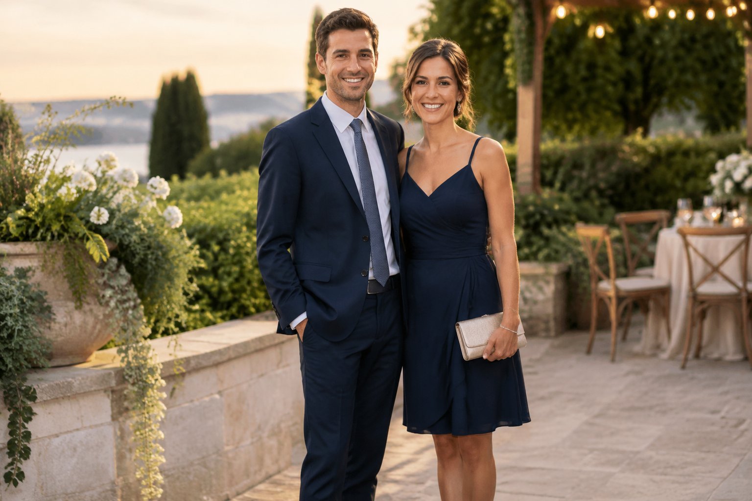 Two wedding guests in polished semi-formal outfits stand at an evening venue.