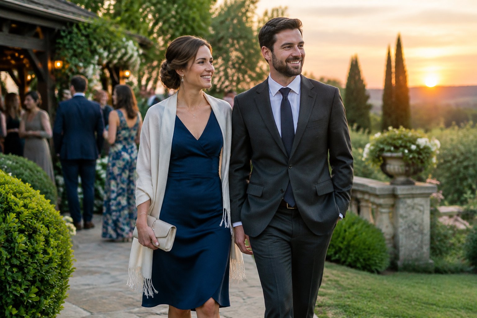 A couple in formal attire arrives at an outdoor garden wedding at sunset.