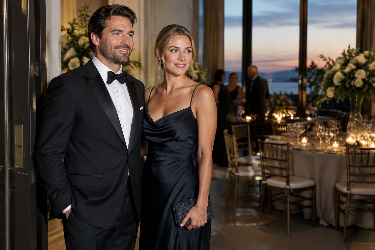 A formally dressed couple stands at the entrance to a wedding reception.