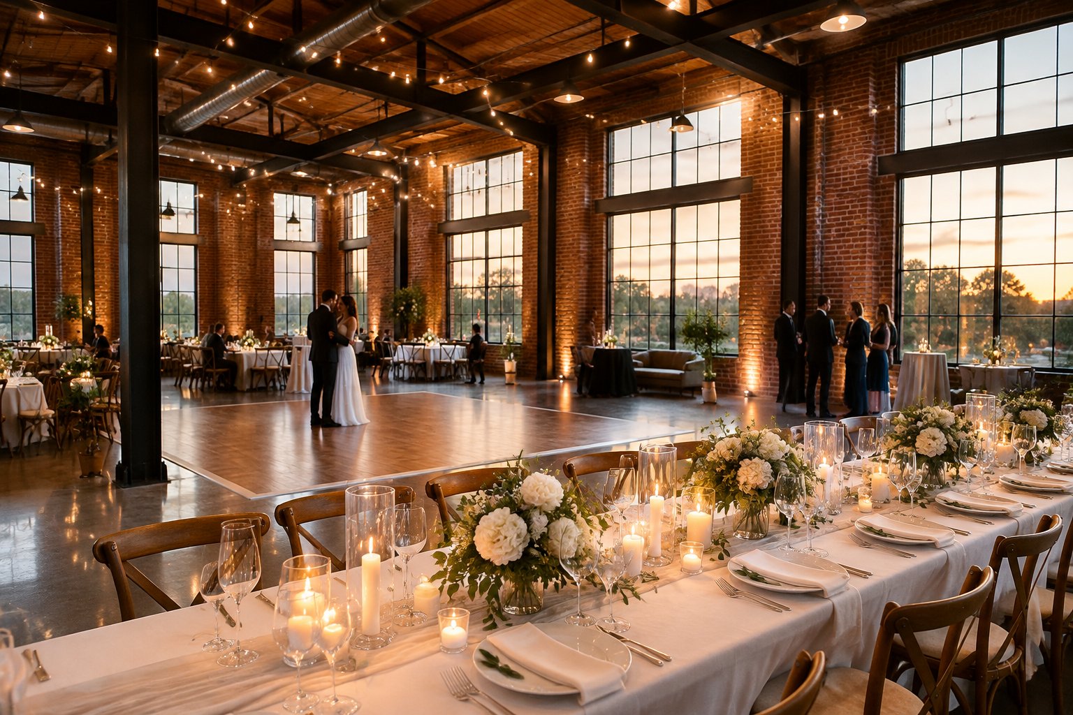 Guests celebrate at a wedding reception in a brick-and-steel industrial venue.