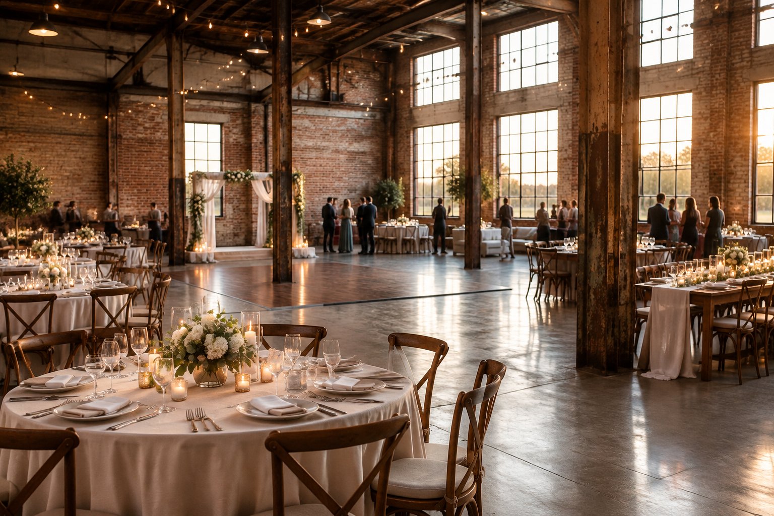 A wedding reception arranged inside a spacious warehouse.