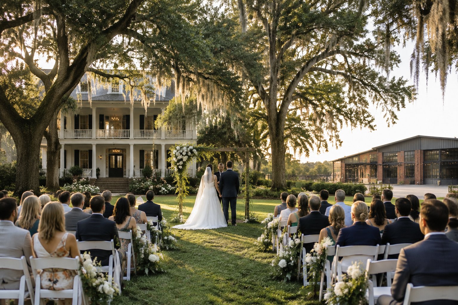 A couple stands beneath a floral arch at an outdoor wedding, with a garden venue and an industrial building in the distance.