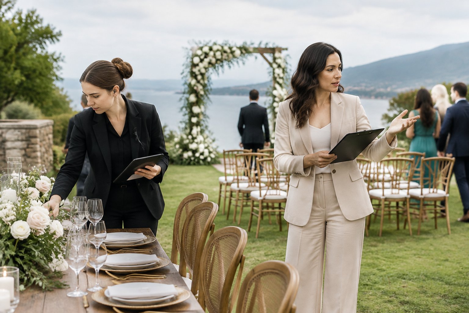 Two wedding professionals coordinate preparations at an outdoor ceremony venue.