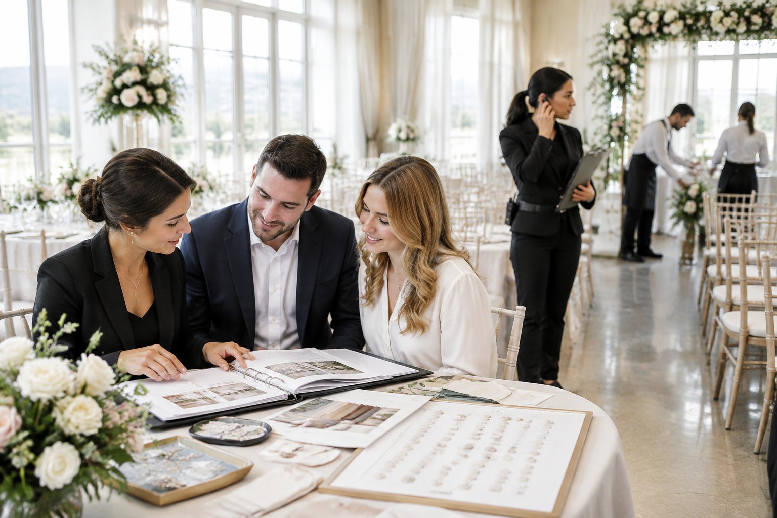 A wedding planner reviews plans with a couple while a day-of coordinator checks the ceremony setup.