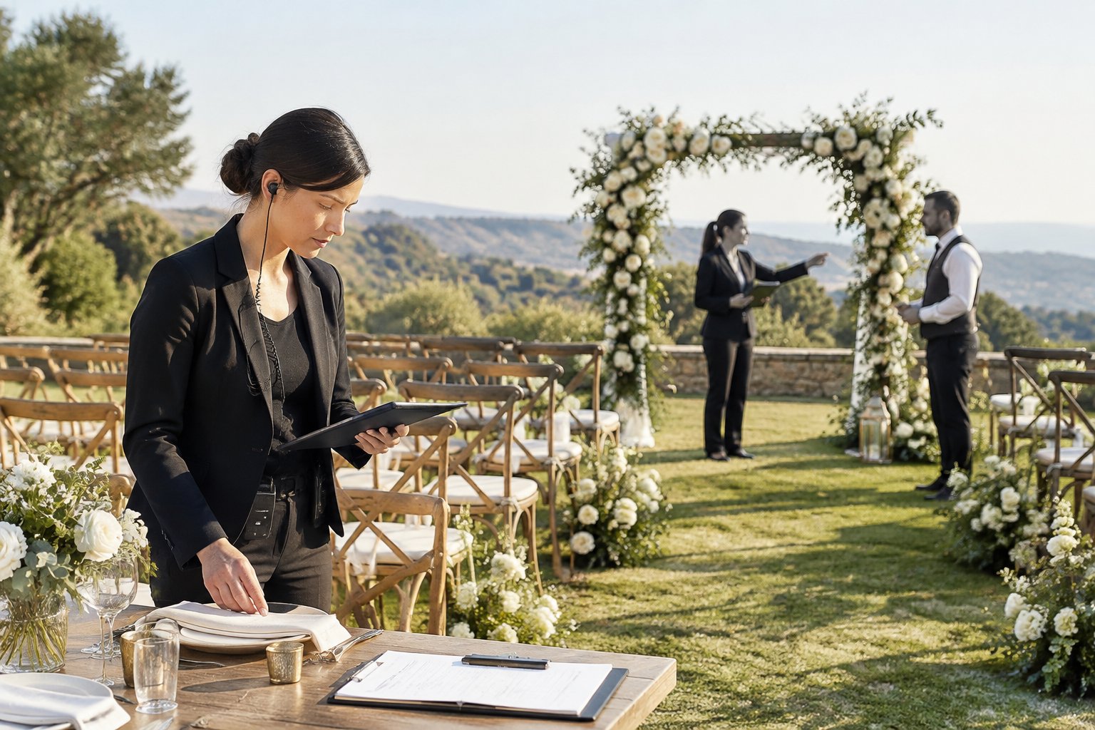 A wedding coordinator checks a tablet beside a prepared outdoor ceremony setup.