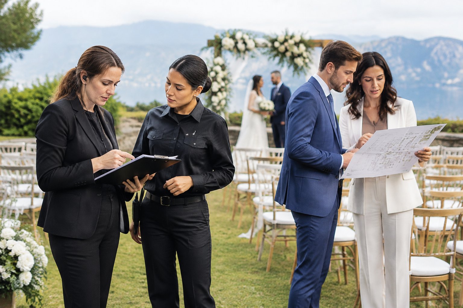 A day-of coordinator and wedding planner handle different tasks at a wedding venue.