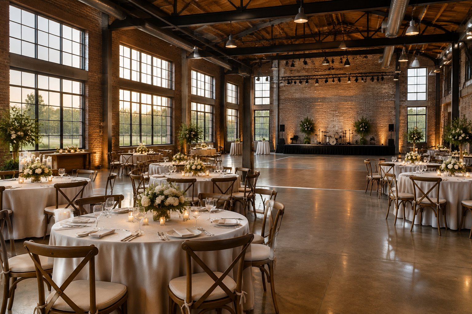 An industrial-style wedding reception hall with tables, greenery, brick walls, and exposed beams.