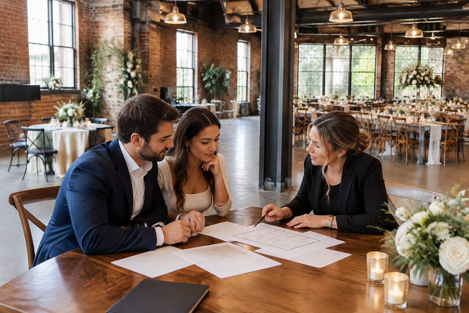 A couple and venue coordinator review venue options at a table in an industrial wedding space.