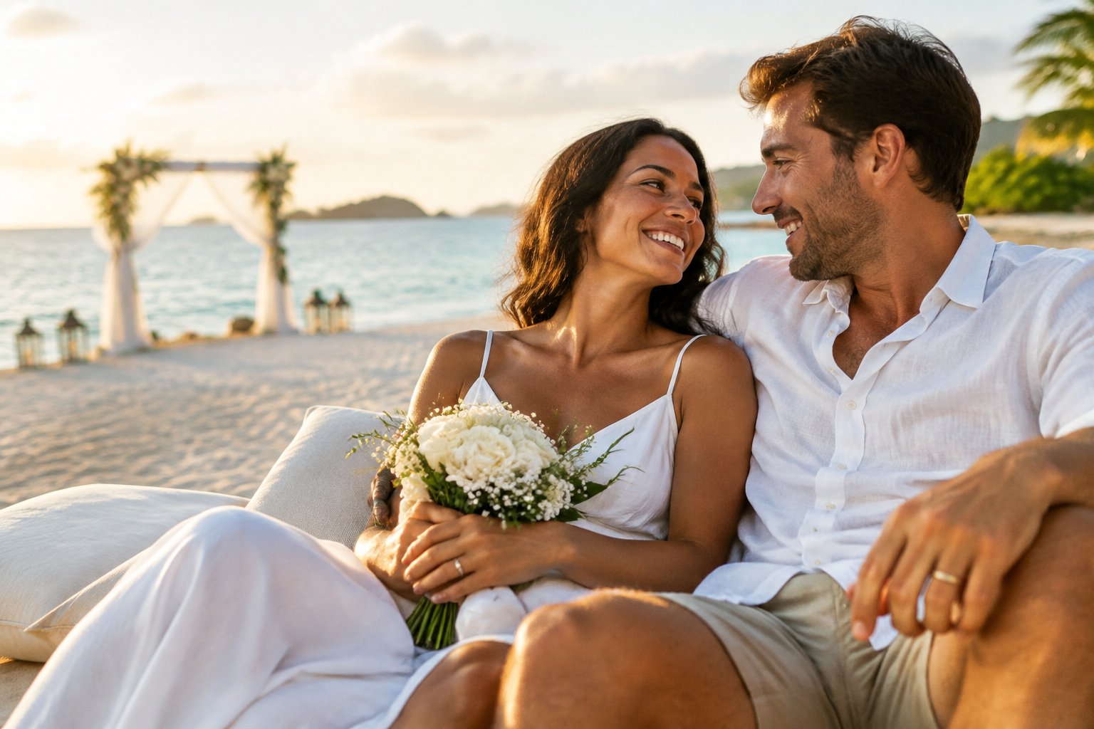 A newlywed couple relaxes together on a tropical beach.