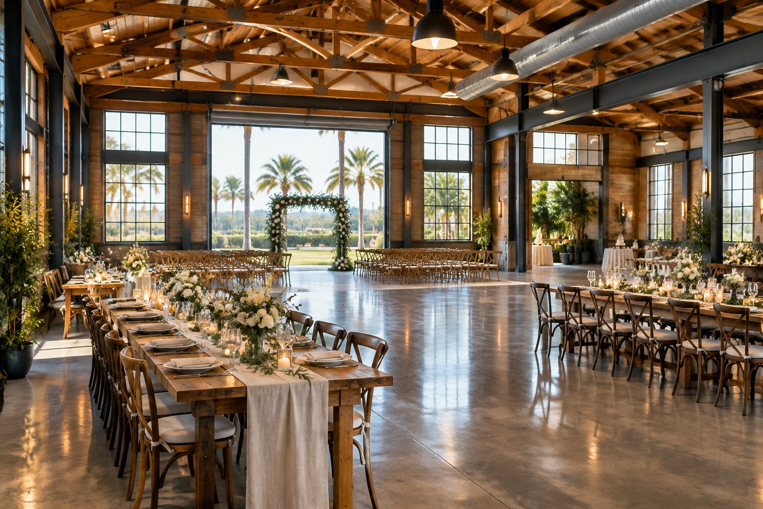 A decorated wedding reception inside a spacious industrial venue.
