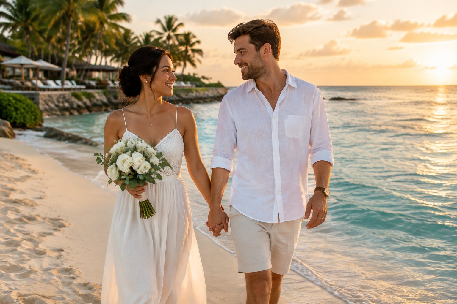 A newlywed couple walks hand in hand along a tropical beach.